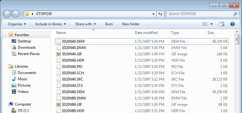 Extracted GTOPO 30 files